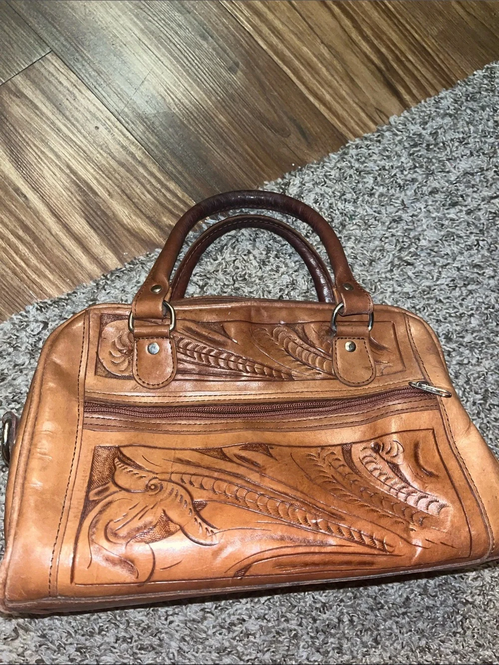 Hand-Tooled Leather Satchel Bag in Tan